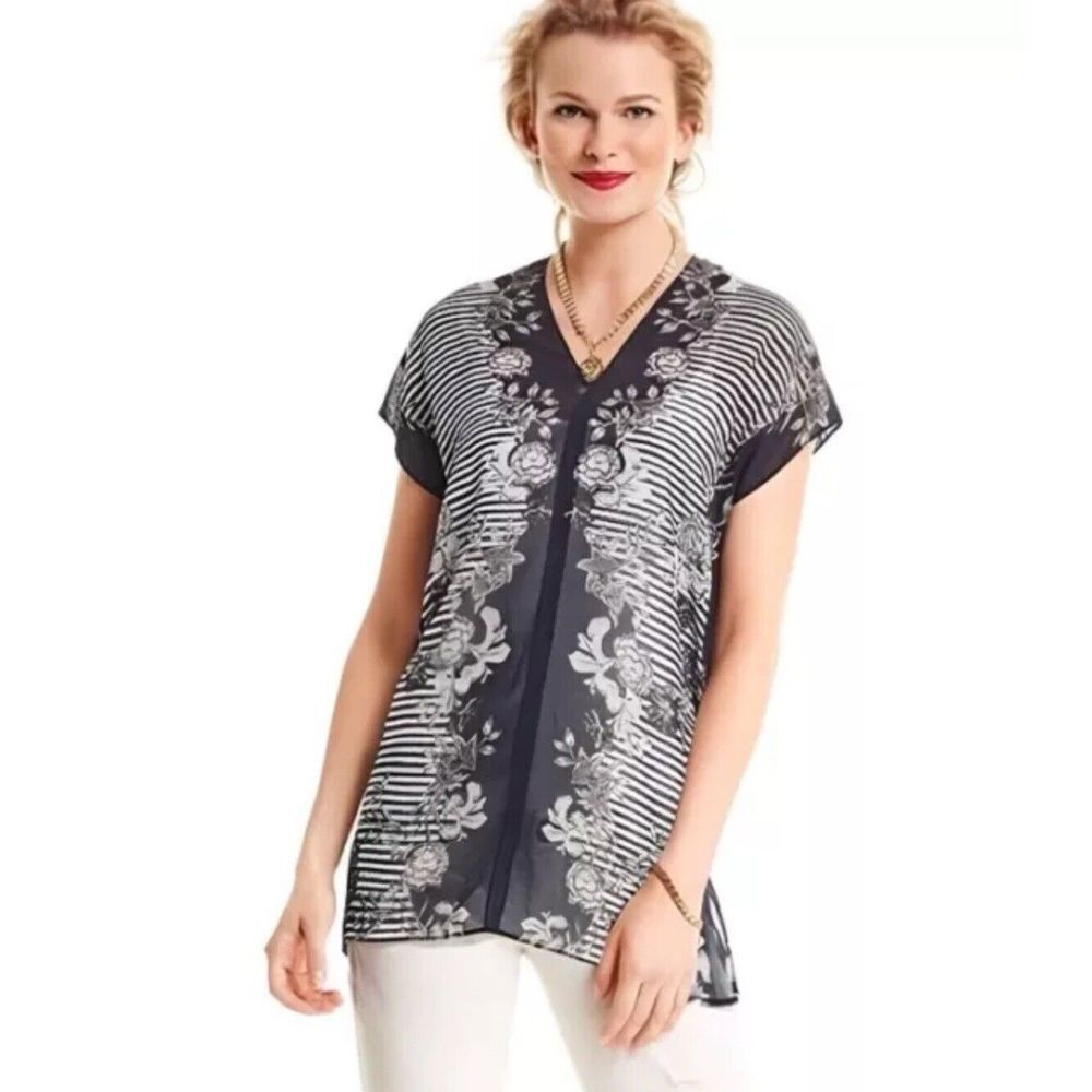 CAbi #5024 Yacht Blue Floral V-Neck Sheer Tunic Blouse Top Women's Size XS